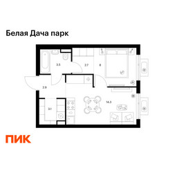 Планировка однокомнатной(квартира) площадью 34.5 квадратных метров в ЖК “ЖК Белая Дача парк”