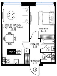 Планировка двухкомнатной(квартира) площадью 47.66 квадратных метров в ЖК “ЖК Инноватор”