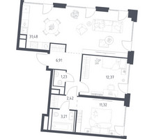 Планировка двухкомнатной(квартира) площадью 68.94 квадратных метров в “ЖК Квартал на воде (Графика на воде)”