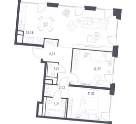 Планировка двухкомнатной(квартира) площадью 68.94 квадратных метров в ЖК “ЖК Квартал на воде (Графика на воде)”