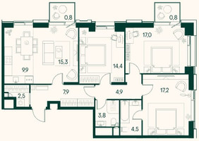 Планировка трехкомнатной(квартира) площадью 99.1 квадратных метров в “ЖК Клубный город на реке Primavera (Примавера)”