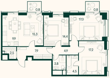 Планировка трехкомнатной(квартира) площадью 99.1 квадратных метров в ЖК “ЖК Клубный город на реке Primavera (Примавера)”