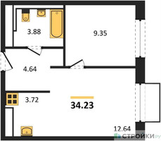 Планировка однокомнатной(квартира) площадью 34.23 квадратных метров в “ЖК Томилино Парк”