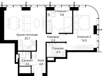 Планировка двухкомнатной(квартира) площадью 66.2 квадратных метров в ЖК “ЖК Сити Бэй”
