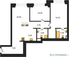 Планировка двухкомнатной(квартира) площадью 67.4 квадратных метров в “ЖК Upside Towers (Апсайд Тауэрс)”