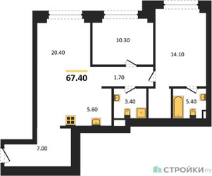 Планировка двухкомнатной(квартира) площадью 67.4 квадратных метров в ЖК “ЖК Upside Towers (Апсайд Тауэрс)”