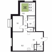 Планировка трехкомнатной(квартира) площадью 63.4 квадратных метров в “ЖК Вяземы Парк”