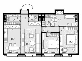 Планировка трехкомнатной(квартира) площадью 87.1 квадратных метров в “ЖК Трилогия Кристалл”