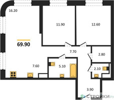 Планировка двухкомнатной(квартира) площадью 69.9 квадратных метров в “ЖК STONE Sokolniki (Сокольники)”