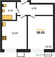 Планировка однокомнатной(квартира) площадью 38.03 квадратных метров в “ЖК Бархат”