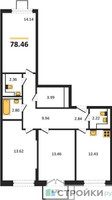 Планировка трехкомнатной(квартира) площадью 78.46 квадратных метров в “ЖК Томилино Парк”