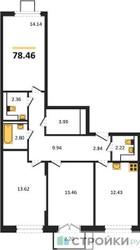 Планировка трехкомнатной(квартира) площадью 78.46 квадратных метров в “ЖК Томилино Парк”