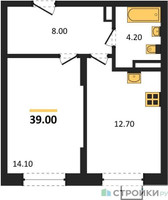 Планировка однокомнатной(квартира) площадью 39 квадратных метров в “ЖК ОБЛАКА-2”
