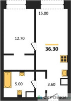 Планировка однокомнатной(квартира) площадью 36.3 квадратных метров в “ЖК Voice Towers (Войс Тауэрс)”