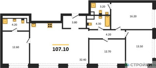 Планировка 4+ комнатной(квартира) площадью 107.1 квадратных метров в “ЖК Wave (Вейв)”