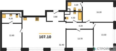 Планировка 4+ комнатной(квартира) площадью 107.1 квадратных метров в ЖК “ЖК Wave (Вейв)”