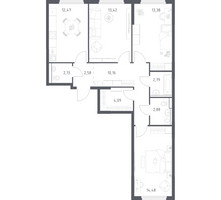 Планировка трехкомнатной(квартира) площадью 78.38 квадратных метров в “ЖК Пригород Лесное”