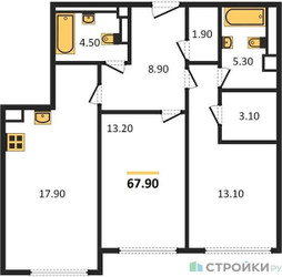 Планировка двухкомнатной(квартира) площадью 67.9 квадратных метров в ЖК “ЖК Nagatino i-Land (Нагатино ай-лэнд)”