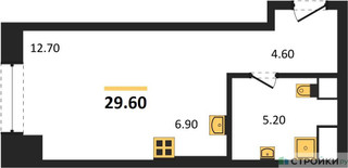 Планировка студии(апартаменты) площадью 29.6 квадратных метров в “ЖК Мираполис”