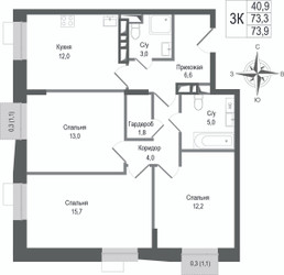 Планировка трехкомнатной(квартира) площадью 73.3 квадратных метров в ЖК “ЖК КИНОКВАРТАЛ”
