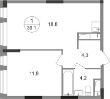 Планировка однокомнатной(квартира) площадью 39.1 квадратных метров в ЖК “ЖК Первый Московский”