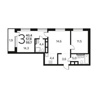 Планировка трехкомнатной(квартира) площадью 59.7 квадратных метров в “Новые Ватутинки. Заречный”