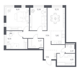 Планировка трехкомнатной(квартира) площадью 86.82 квадратных метров в ЖК “ЖК Квартал Авиаторов”
