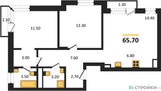 Планировка двухкомнатной(квартира) площадью 65.7 квадратных метров в “ЖК Новая Щербинка”