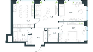 Планировка трехкомнатной(квартира) площадью 73.1 квадратных метров в “ЖК Левел Мичуринский”
