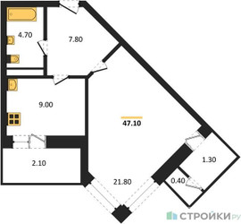 Планировка однокомнатной(квартира) площадью 47.1 квадратных метров в ЖК “ЖК Три квартала”
