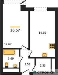 Планировка однокомнатной(квартира) площадью 36.57 квадратных метров в ЖК “ЖК Городские Истории”