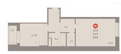 Планировка однокомнатной(квартира) площадью 53.8 квадратных метров в ЖК “ЖК Отлично”