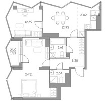 Планировка трехкомнатной(квартира) площадью 72 квадратных метров в “ЖК Аквилон Beside 2.0”