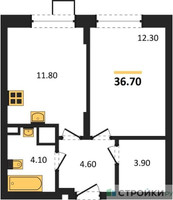 Планировка однокомнатной(квартира) площадью 36.7 квадратных метров в “ЖК ОБЛАКА-2”