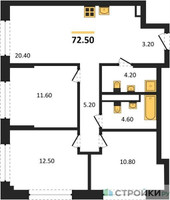 Планировка трехкомнатной(квартира) площадью 72.5 квадратных метров в “Архитектурный проект U2 (ЮТУ)”