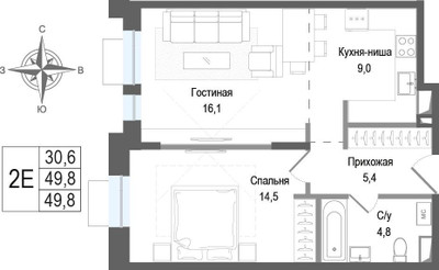 Планировка двухкомнатной(квартира) площадью 49.8 квадратных метров в ЖК “ЖК КИНОКВАРТАЛ”