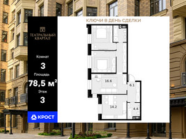 Планировка трехкомнатной(квартира) площадью 78.5 квадратных метров в “ЖК Театральный квартал”