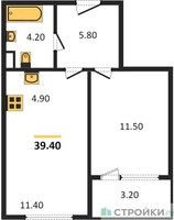 Планировка однокомнатной(квартира) площадью 39.4 квадратных метров в “Жилой квартал Новое Медведково”