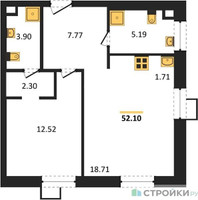 Планировка однокомнатной(апартаменты) площадью 52.1 квадратных метров в “ЖК N’ICE LOFT (Найс Лофт)”