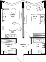 Планировка однокомнатной(квартира) площадью 45.01 квадратных метров в ЖК “Дом премиум-класса МИРА”