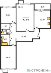Планировка трехкомнатной(квартира) площадью 77.8 квадратных метров в ЖК “ЖК 1-й Ленинградский (Первый Ленинградский)”