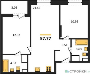 Планировка двухкомнатной(квартира) площадью 57.77 квадратных метров в ЖК “ЖК Светлый мир Станция Л”