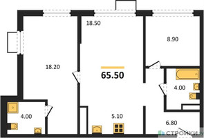 Планировка двухкомнатной(квартира) площадью 65.5 квадратных метров в “ЖК Прокшино”
