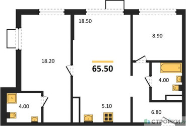 Планировка двухкомнатной(квартира) площадью 65.5 квадратных метров в ЖК “ЖК Прокшино”