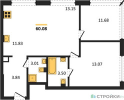 Планировка двухкомнатной(квартира) площадью 60.08 квадратных метров в “ЖК TATE (Тэйт)”