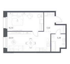 Планировка однокомнатной(апартаменты) площадью 49.23 квадратных метров в ЖК “ЖК Апарт-отель Тропарево парк”