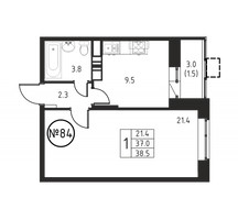 Планировка однокомнатной(квартира) площадью 38.5 квадратных метров в “ЖК Космос”