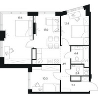 Планировка трехкомнатной(квартира) площадью 74.9 квадратных метров в “ЖК Нексус от Аквилон”