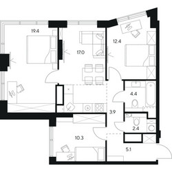Планировка трехкомнатной(квартира) площадью 74.9 квадратных метров в ЖК “ЖК Нексус от Аквилон”