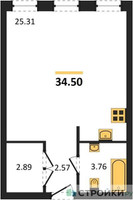 Планировка студии(апартаменты) площадью 34.5 квадратных метров в “ЖК Insider (Инсайдер)”